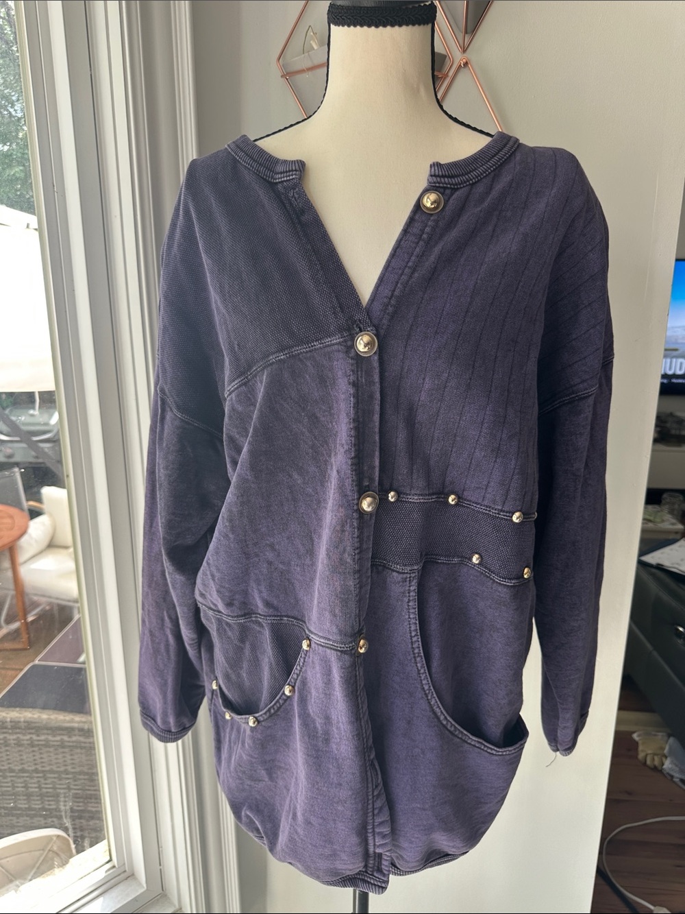 VINTAGE 80s 90s Retro Oversized Purple Bomber Knit Jacket Cardigan Sweater SMALL